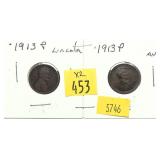 x2- 1913 Lincoln cents, -x2 cents, Sold by the
