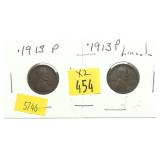 x2- 1913 Lincoln cents, -x2 cents, Sold by the