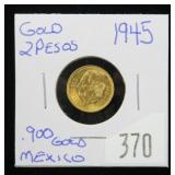 1945 Gold 2 pesos, Mexican coin , Unc., .900 g