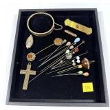 Lot, gold filled jewelry and watch, hat and stick