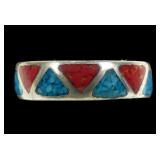 Sterling silver inlaid mosaic turquoise and coral