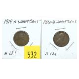 Lot, Lincoln cents: 1919-D, 1920-D, 2 pcs.