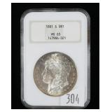 1881-S Morgan dollar- N6C slab certified MS .63
