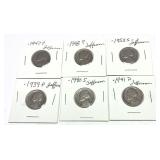 Lot of mixed date nickels, 6 pcs.