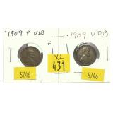 x2- 1909 VDB Lincoln cents, -x2 cents, Sold by