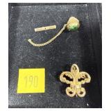 Lot, gold filled green stone tie tack and