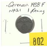 1938 German 1 pfennig