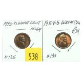 Lot, Lincoln cents: 1953-D, 1954-S, 2 pcs.