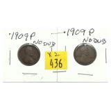 x2- 1909 Lincoln cents, -x2 cents, Sold by the
