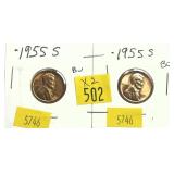 x2- 1955-S Lincoln cents, -x2 cents, Sold by the