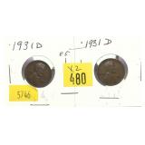 x2- 1931-D Lincoln cents, -x2 cents, Sold by the