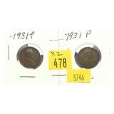 x2- 1931 Lincoln cents, -x2 cents, Sold by the