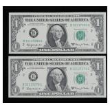 x2- $1 Federal Reserve notes, consecutive Unc.,