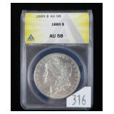1889 Morgan dollar- ANACS slab certified- AU .58