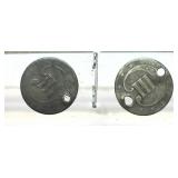 Lot of 3-cent silver coins, damaged, 2 pcs.