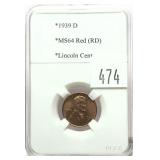 1939-D Lincoln cent, PCCB slab certified MS-64