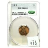 1942-D Lincoln cent, CAC slab certified MS-66 RD