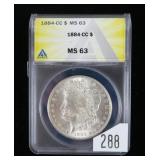 1884-CC Morgan dollar, ANACS slab certified MS-63