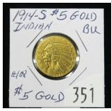 1914-S $5 Gold Indian Half Eagle, BU