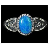 Sterling silver dentil set lab blue opal ring,