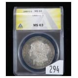 1885-O Morgan dollar, ANACS slab certified MS-63
