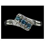 14K White gold round cut blue diamond 3-stone