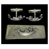.800 Silver Viking ship cuff links and money clips