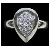 Sterling silver pave pear shape ring, size 7