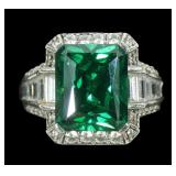Sterling silver rectangular cut green stone ring