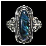 Sterling silver dentil set blue paua ring in