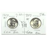 x2- 1959 Washington quarters, Unc, -x2 quarters,