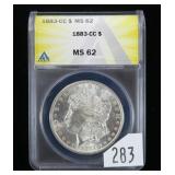 1883-CC Morgan dollar, ANACS slab certified MS-62