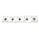 x5- Canadian 5 cent silver coins, -x5 coins,
