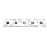 x5- Canadian 5 cent silver coins, -x5 coins,