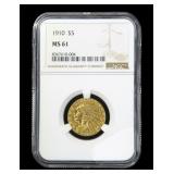1910 $5 Gold Indian Half Eagle, NGC slab