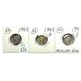 x3- Mercury dimes, 90% silver, -x3 dimes, Sold