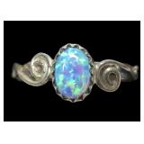 Vintage sterling silver dentil set lab opal ring,