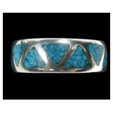 Sterling silver inlaid mosaic turquoise band ring,
