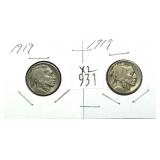 x2- 1919 Buffalo nickels, -x2 nickels, Sold by the