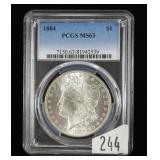 1884 Morgan dollar, PCGS slab certified MS-63