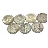 x7- Half dollars, 90% silver, -x7 half dollars,