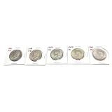 x5- Half dollars, 40% silver, -x5 half dollars,