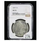 1879 Morgan dollar, NGC slab certified AU-53