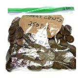 Lot of wheat cents, 250 pcs.
