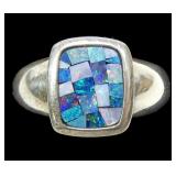 Sterling silver opal mosaic ring, size 7