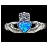 Sterling silver claddagh ring with lab blue opal