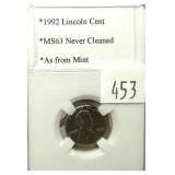 1992 Lincoln cent, PCCB slab certified MS-63