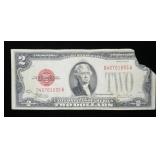 $2 Red seal note, series of 1928, damaged