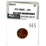 1942-S Lincoln cent, PCI slab certified MS-67