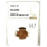 1955-S Lincoln cent, NGC slab certified MS-66
